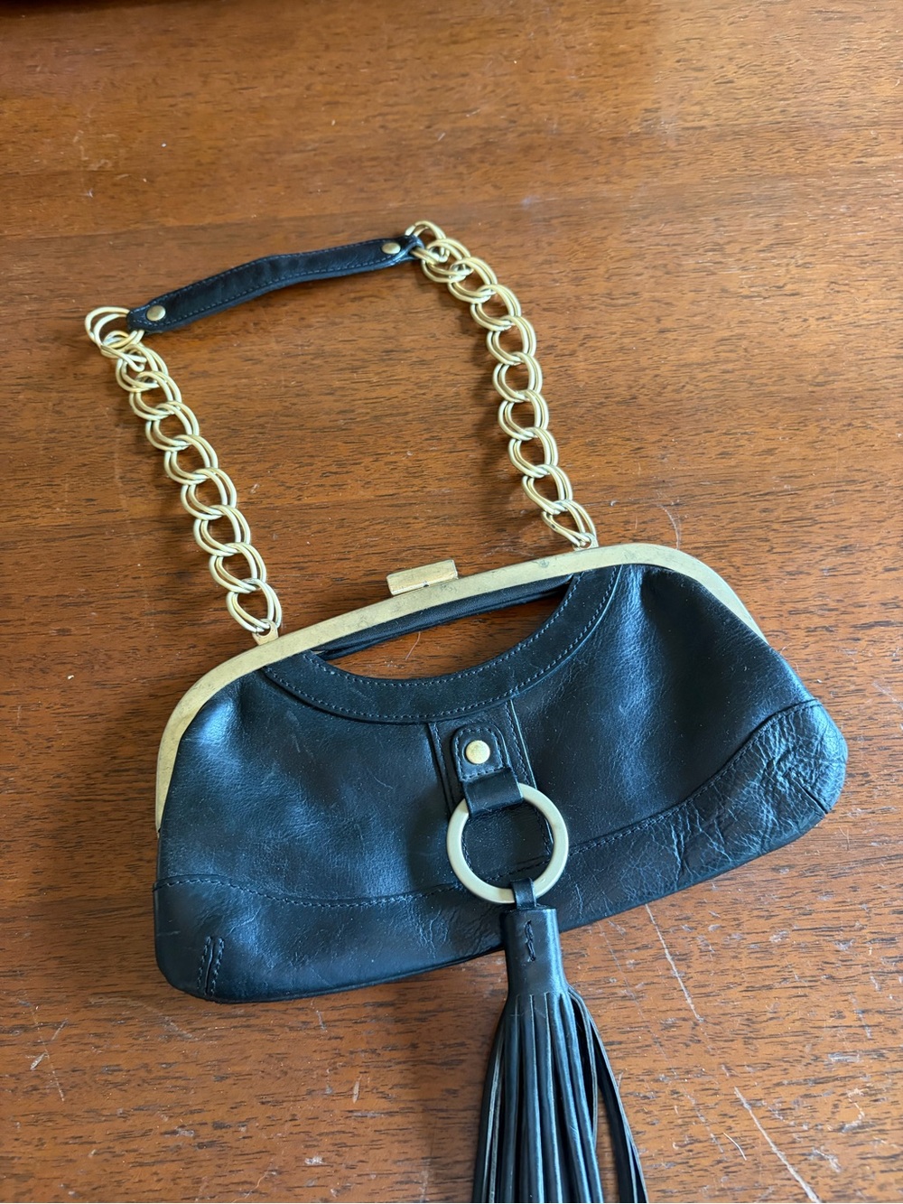latico Black Leather Shoulder Bag with Gold Chain and Tassel